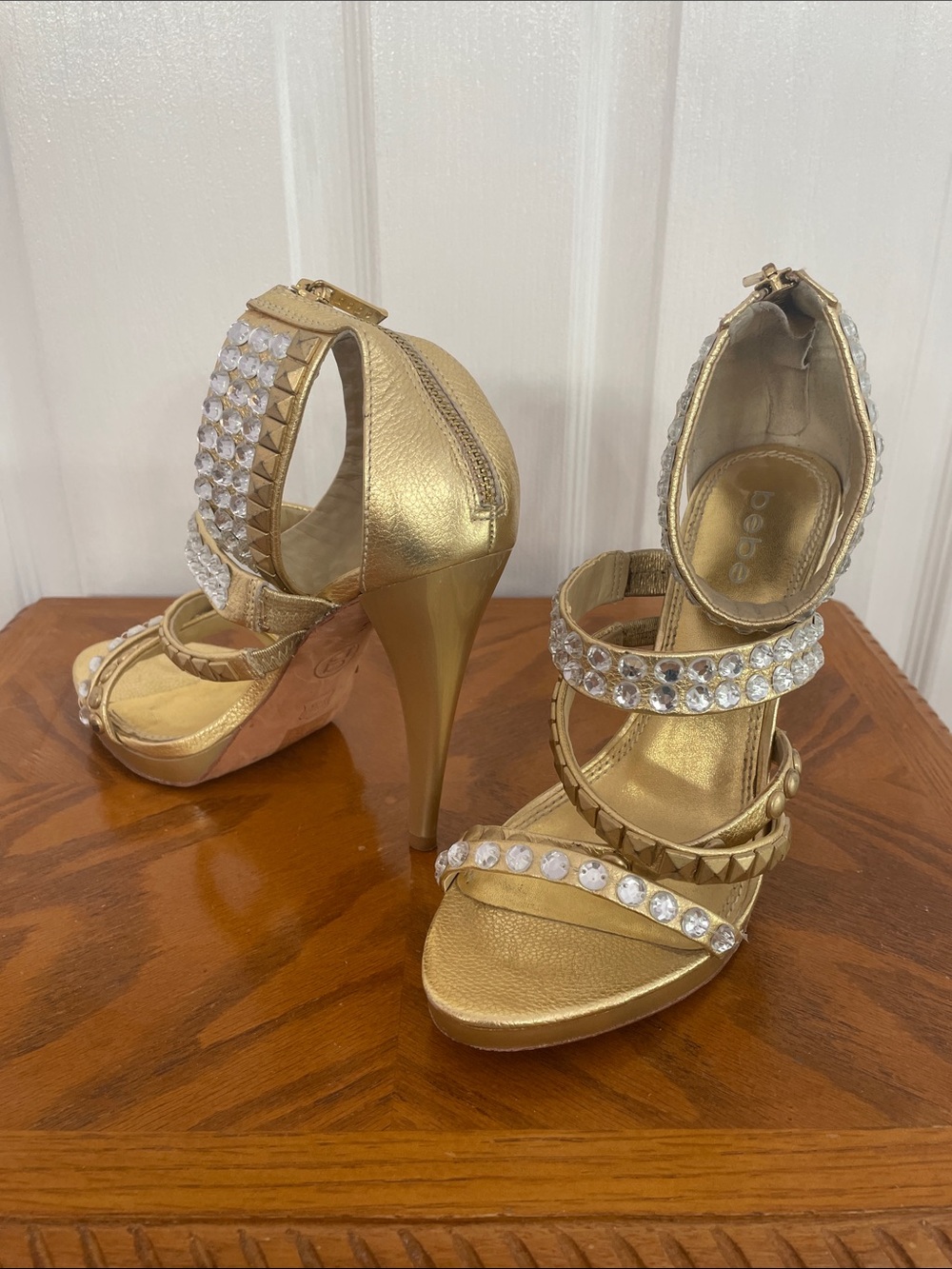 bebe Gold Crystal Embellished Stiletto Heels